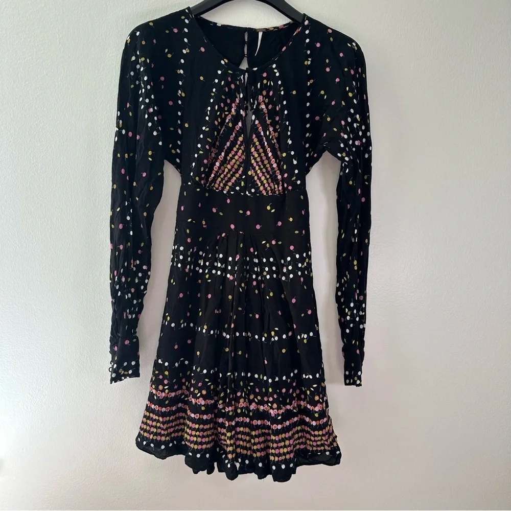 Free People Coryn Mini Dress Black Printed Open Back Long Sleeve Size 2